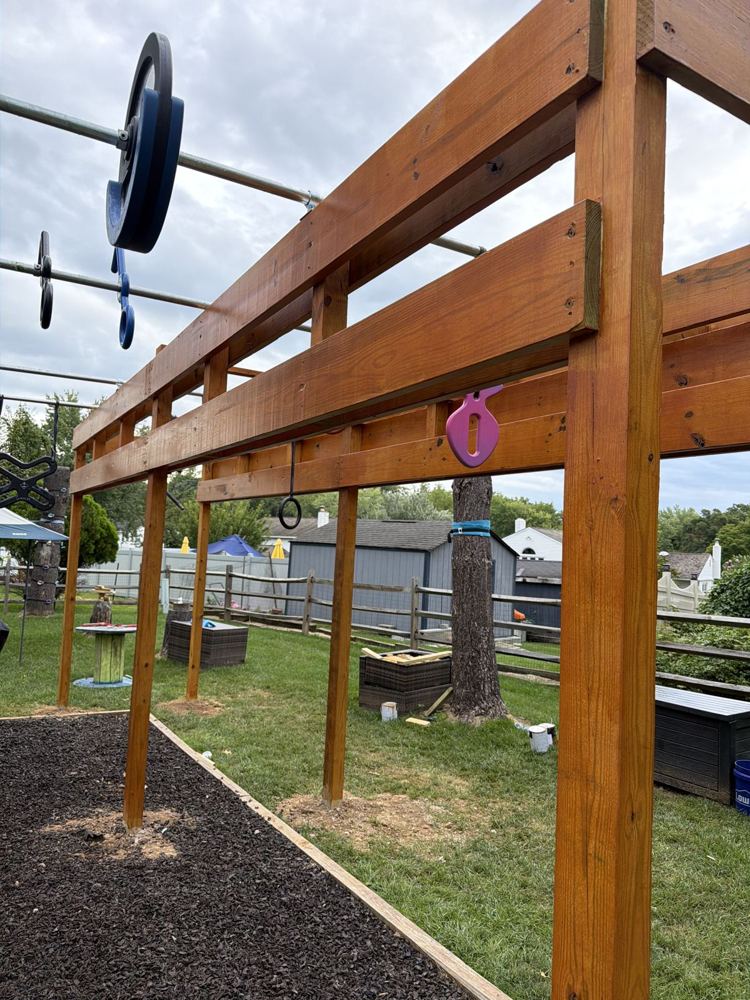 Stained ninja rig with a ring, a pink grip and spinning grips hanging from steel bars